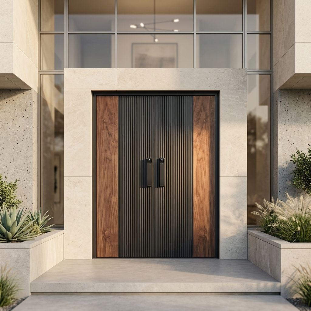 Minimalistisk aluminium pivotdør med træstruktur