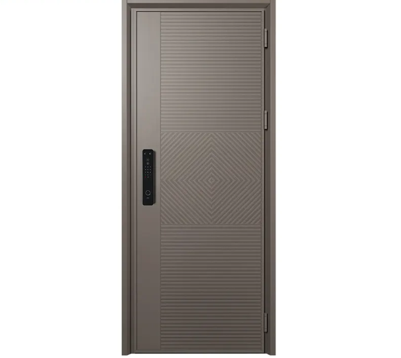 Moderne, brugerdefinerbart design, mørkegrå udskåret aluminiumsdør, drejetap med flere låse, tyverisikret ståldør, sikkerhedsdør til hjemmet