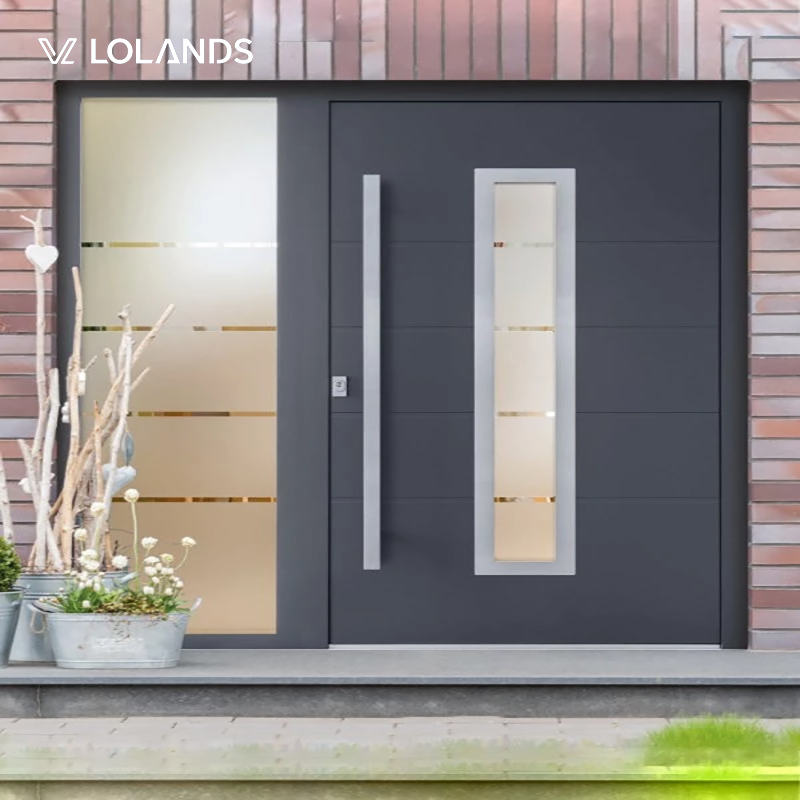 Lolands Moderne Minimalistisk Stålindgangsdør med Malet Finish Lodret Trækhåndtag og Privacy Glas til Villa, Lejlighed, Hotel