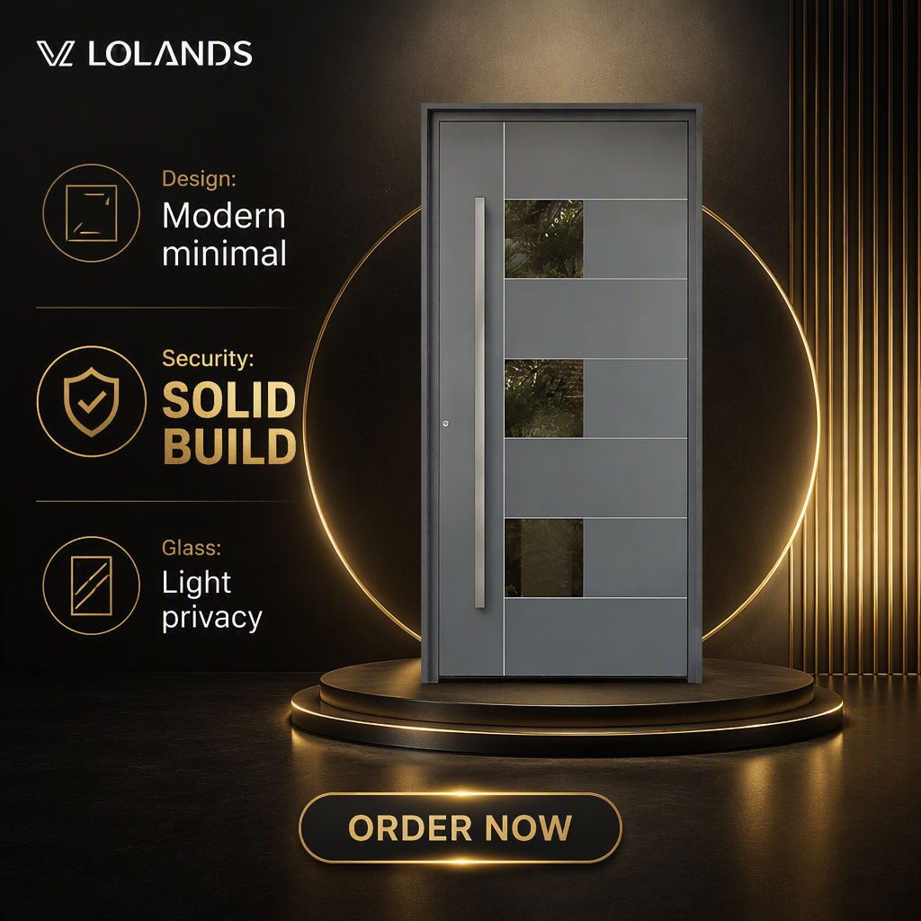 Lolands Moderne Minimalistisk Stålindgangsdør med Malet Finish Lodret Trækhåndtag og Privacy Glas til Villa, Lejlighed, Hotel