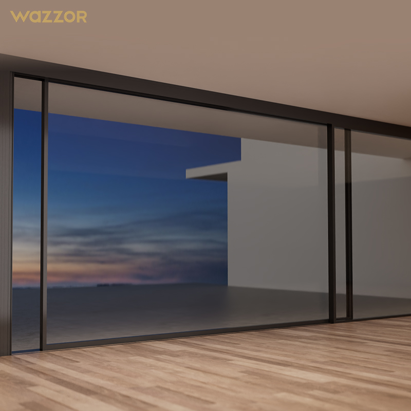 Wazzor Hurricane Bedømt på lager Dobbelthærdet glas skydedørssystem Udvendigt Indvendigt Balkon Terrasse Glas Aluminiumsdør