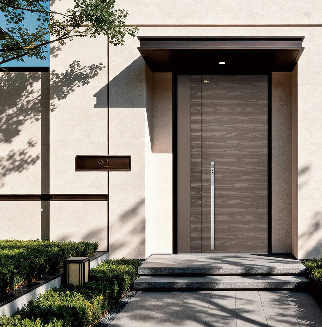 Specialdesignet hoveddør i aluminium, tropisk moderne, koncentriske cirkulære riller, enkelt hoveddør, specialstørrelse tilgængelig, skræddersyet vindtæt