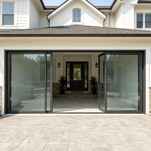 God kvalitet, kraftig villa med dobbeltglas, skydedørssystem i aluminium, skydedør i glas, døre og vinduer