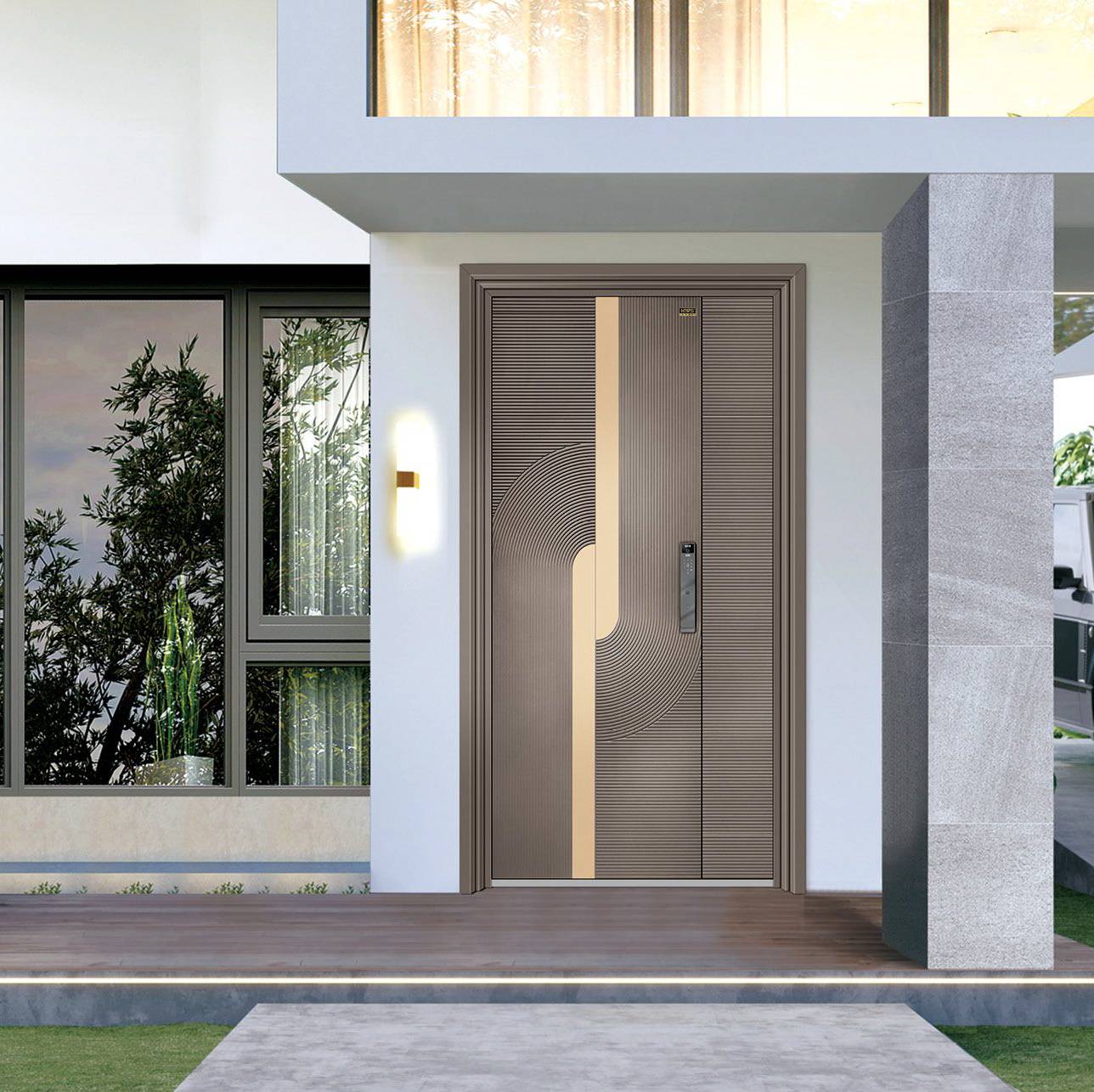 Specialdesignet hoveddør i aluminium, tropisk moderne, koncentriske cirkulære riller, enkelt hoveddør, specialstørrelse tilgængelig, skræddersyet vindtæt