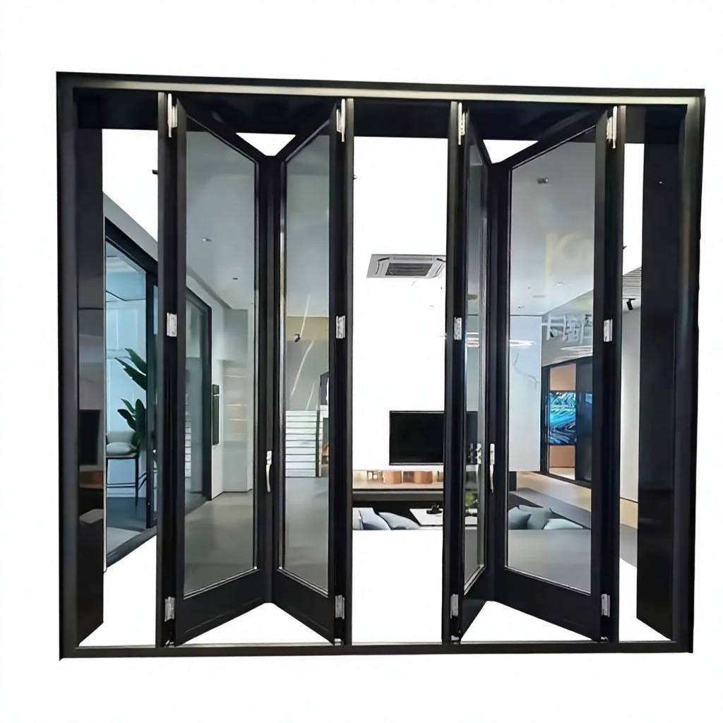 Moderne sort aluminiums foldedør med dobbelt hærdet glas til indvendig og udvendig indgang til terrasse