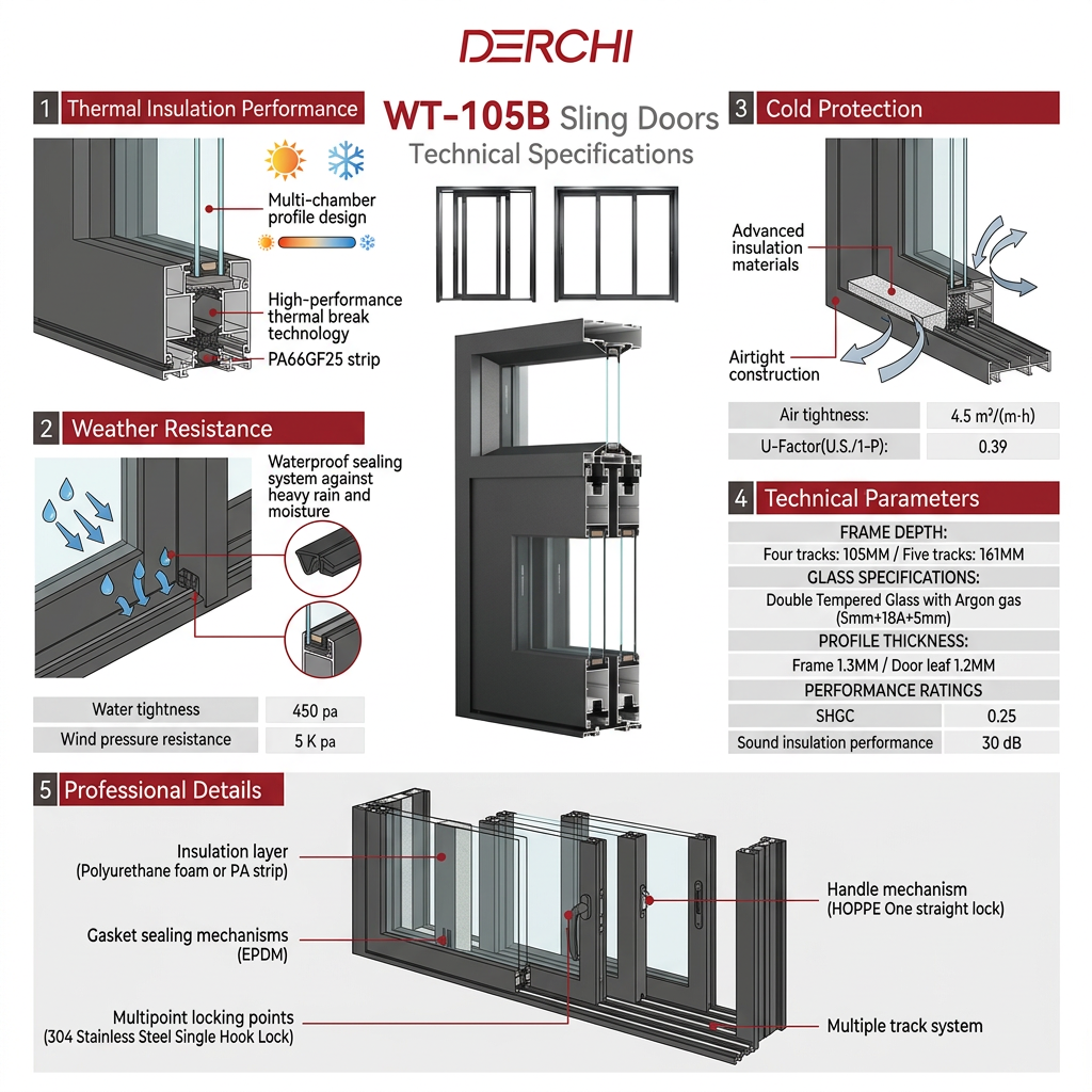 DERCHI Multi Panel Aluminium Skydedør Sikkerhed Orkansikker Skydedør til Terrasse Moderne Hjemmedøre